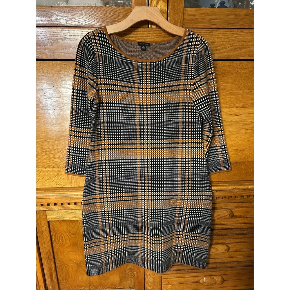 Ann Taylor Preppy Twee Plaid Sweater Dress Black Mustard Wool Blend Knit Mini